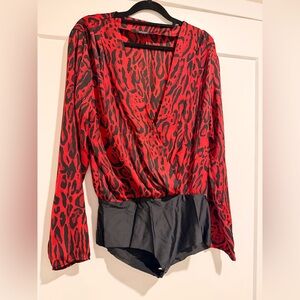 ZARA Red Leopard Print Bodysuit Long Sleeve Wrap Front Size L